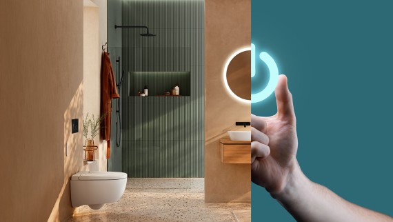 Modernes Badezimmer mit rundem Geberit Option Spiegel, der in ein leuchtendes Startsymbol übergeht, als Symbol für das Traumbad-Startpaket Modernes Badezimmer mit rundem Geberit Option Spiegel, der in ein leuchtendes Startsymbol übergeht, als Symbol für das Traumbad-Startpaket