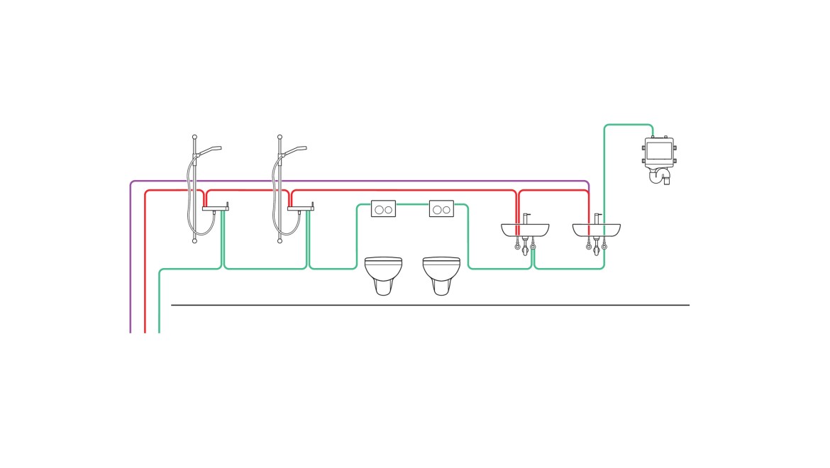 Exemple de tuyauterie pour un rinçage hygiénique intermittent (© Geberit)