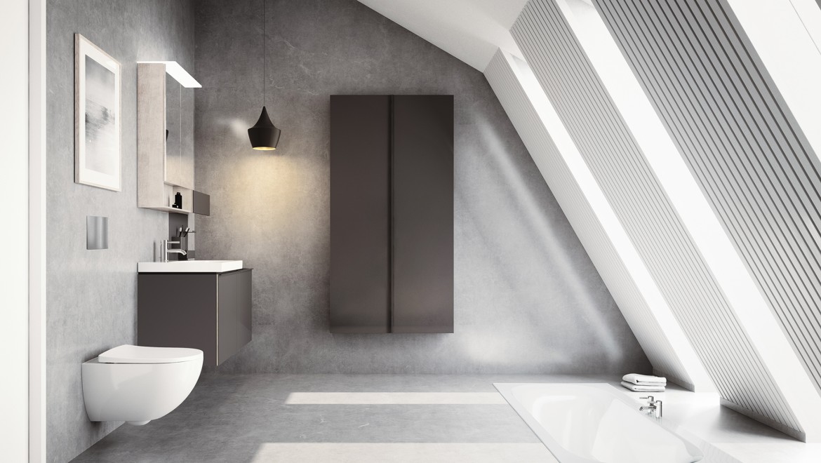 Bagno moderno con soffitto inclinato e mobili da bagno Geberit Acanto